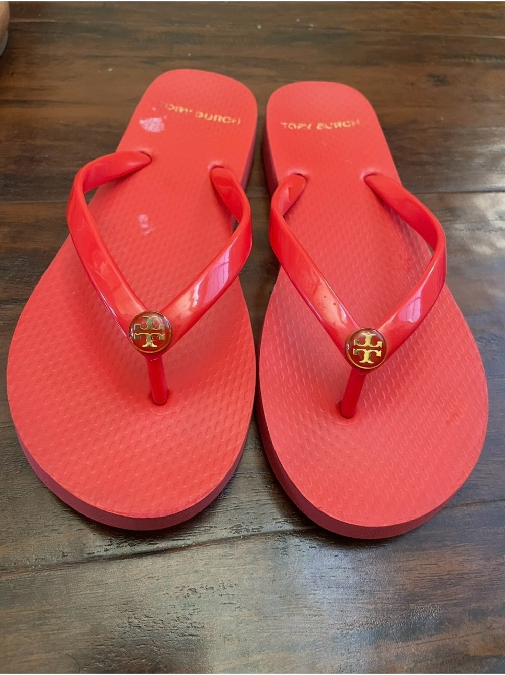 Tory Burch Coral Red Logo Jelly Flip Flops
